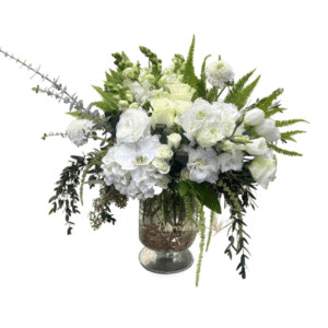 Gift some sparkle with this white sparkle flower arrangement! Includes spray roses, anemones, lisianthus, orchids, tulips, and greenery in an artistic glass vase with crystals.