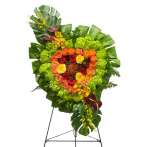 Show your love with this colorful heart sympathy easel.  It includes roses, garden roses, pincushion, antherium, oncidium orchids and greenery arranged in a heart. Made for placement on an easel and is  ideal for memorial services and funerals.  